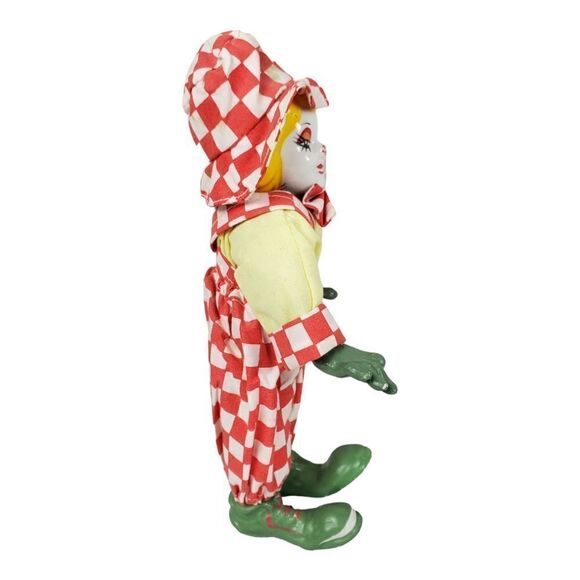 Clown Doll with Hat 9" Figurine Green Hands And Feet Red Checkered Overalls - Picture 3 of 10